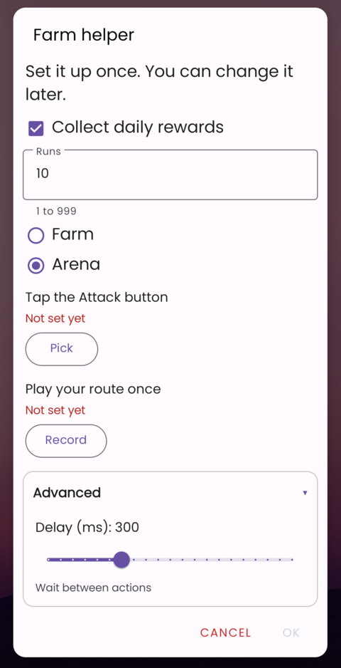 The Arena question shown after choosing Arena