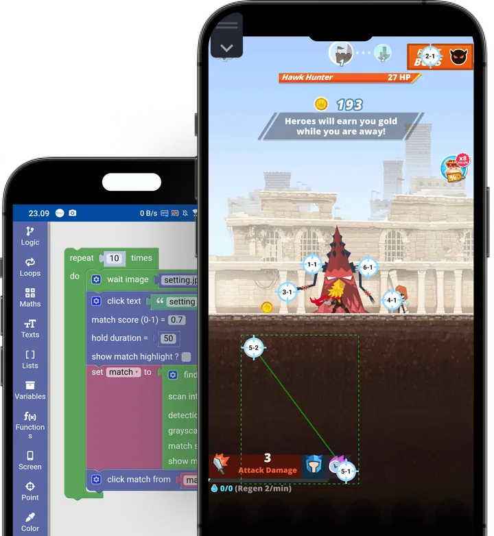 Android Macro running on a phone, block editor with automation flow